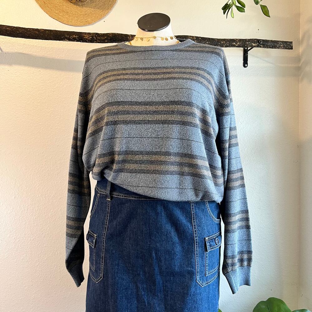 Vintage 90s Blue Knit Oversized Striped Crewneck Pullover Sweater Size XL
